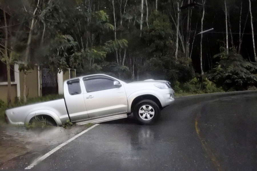 Pickup truck in a ditch